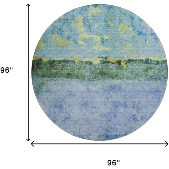 8' Blue Gold And Ivory Abstract Washable Round Rug With UV Protection Photo 9