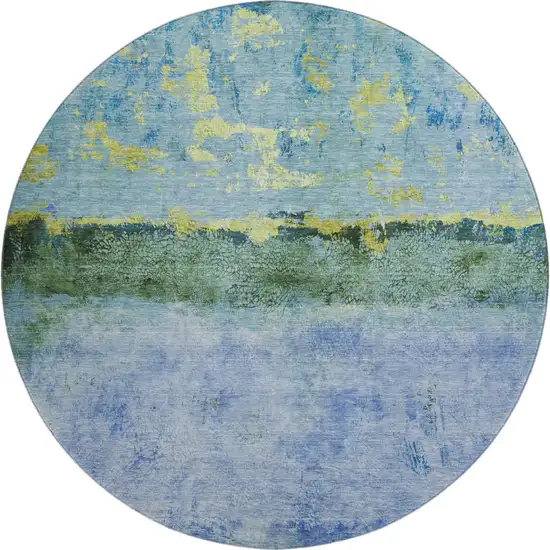 8' Blue Gold And Ivory Abstract Washable Round Rug With UV Protection Photo 1