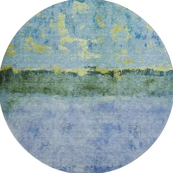 8' Blue Gold And Ivory Abstract Washable Round Rug With UV Protection Photo 3