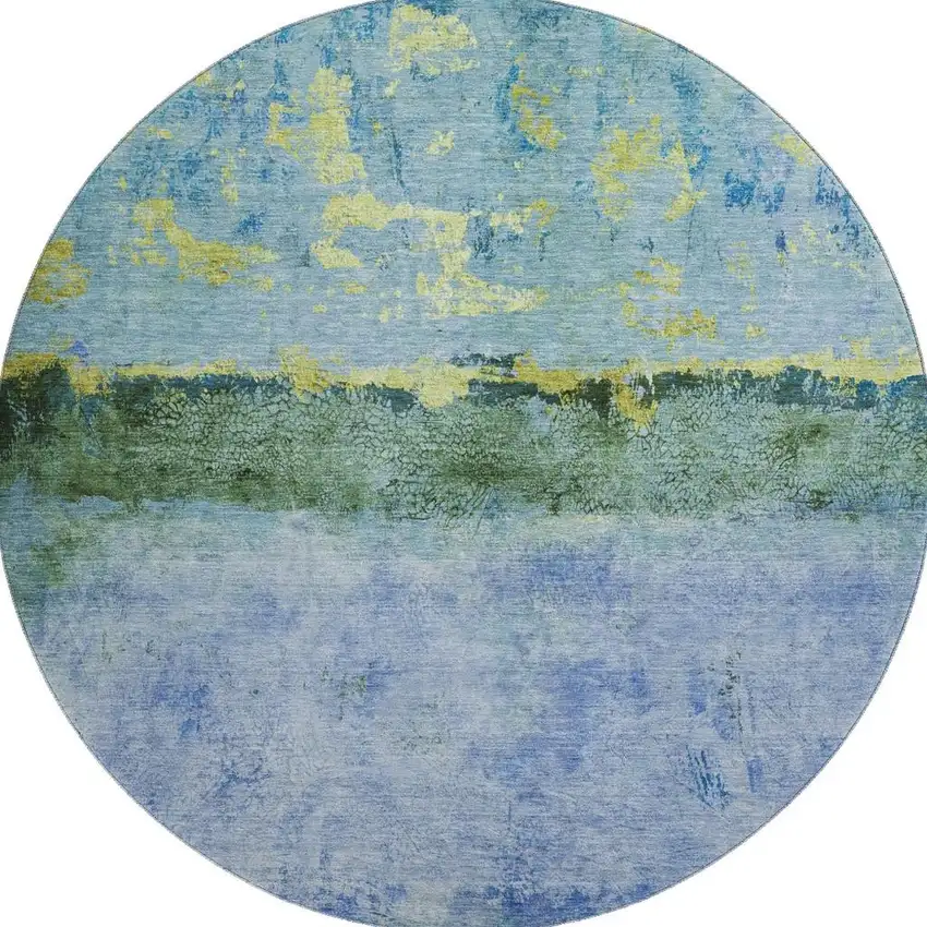 8' Blue Gold And Ivory Abstract Washable Round Rug With UV Protection Photo 3