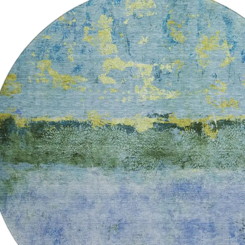 8' Blue Gold And Ivory Abstract Washable Round Rug With UV Protection Photo 2