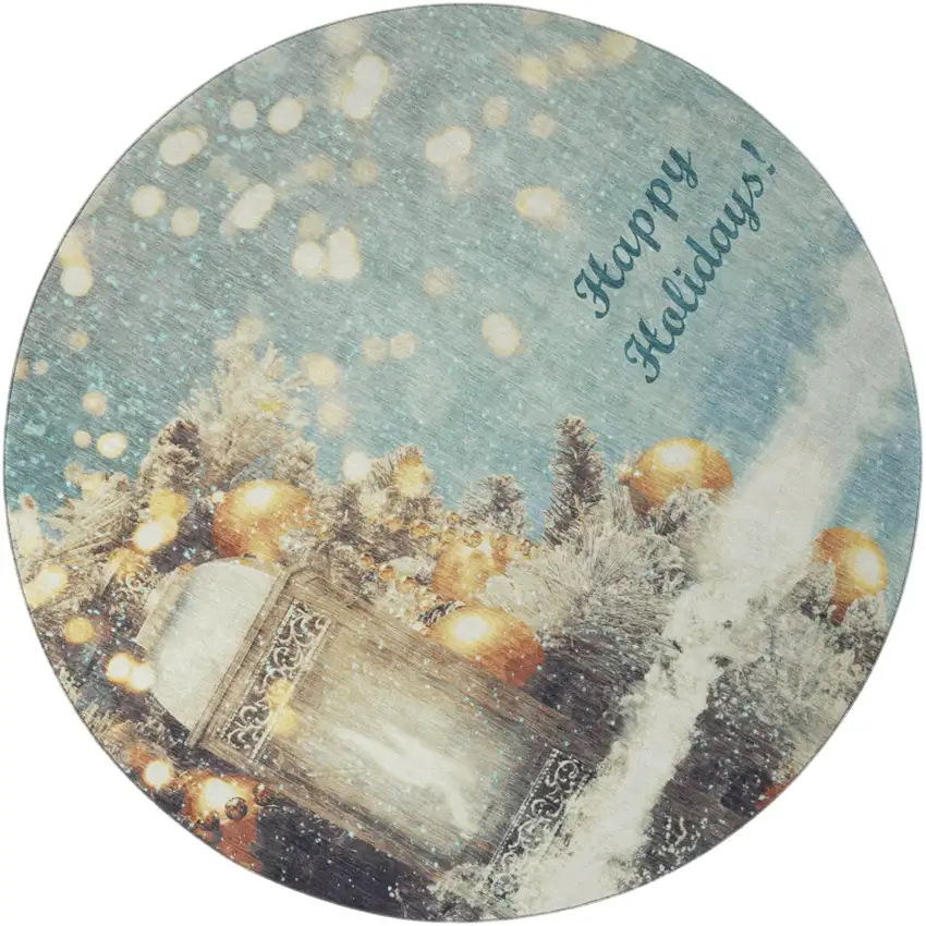 8' Blue Gold And Ivory Christmas Distressed Washable Round Rug With UV Protection Photo 2