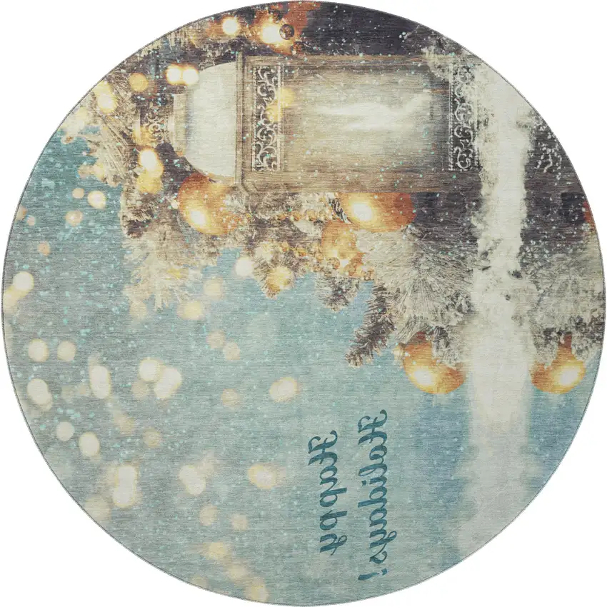 8' Blue Gold And Ivory Geometric Washable Round Rug With UV Protection Photo 4