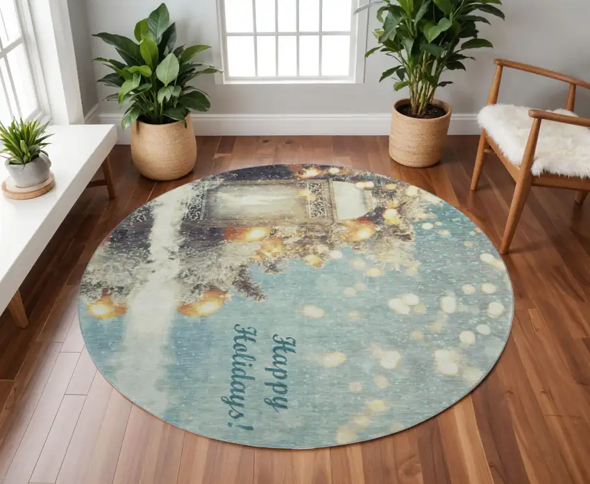 8' Blue Gold And Ivory Geometric Washable Round Rug With UV Protection Photo 1