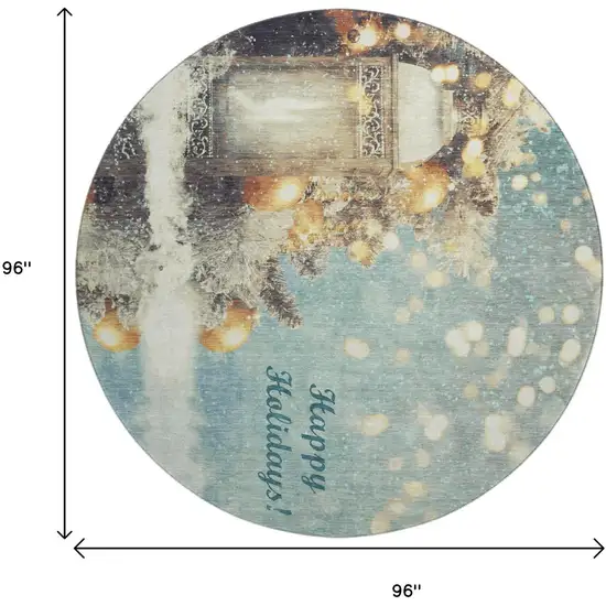 8' Blue Gold And Ivory Christmas Distressed Washable Round Rug With UV Protection Photo 7