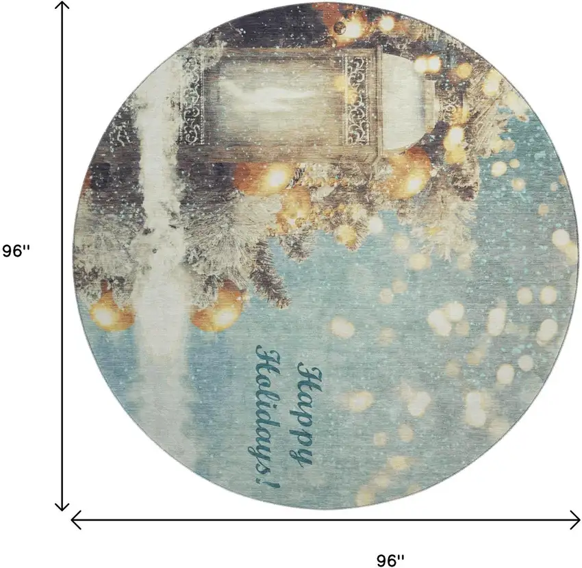 8' Blue Gold And Ivory Christmas Distressed Washable Round Rug With UV Protection Photo 7