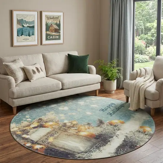 8' Blue Gold And Ivory Christmas Distressed Washable Round Rug With UV Protection Photo 1