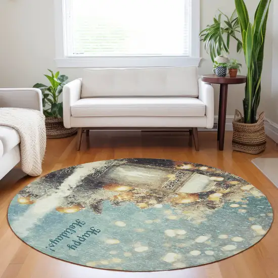8' Blue Gold And Ivory Christmas Distressed Washable Round Rug With UV Protection Photo 4