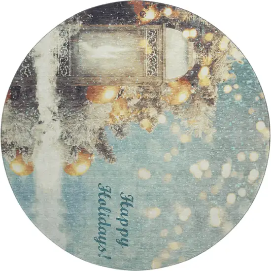 8' Blue Gold And Ivory Christmas Distressed Washable Round Rug With UV Protection Photo 3