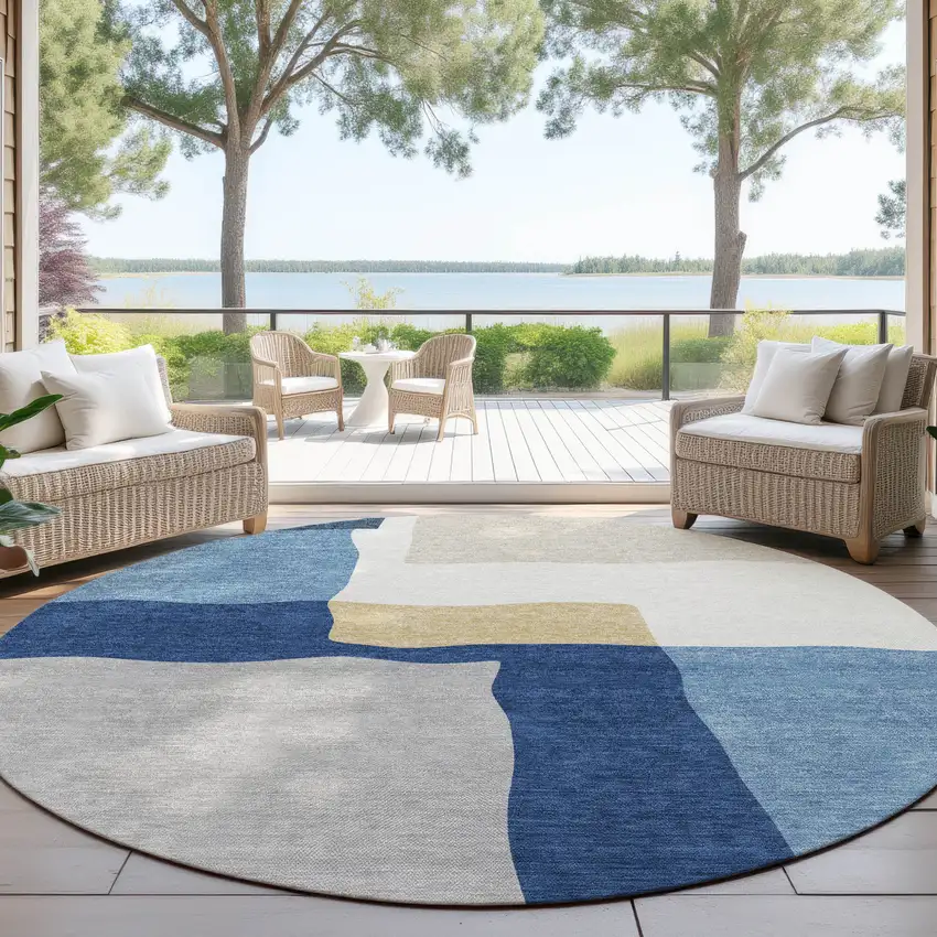 8' Blue Gold And Ivory Round Abstract Washable Indoor Outdoor Area Rug Photo 3