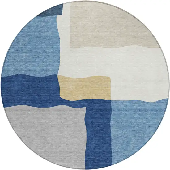 8' Blue Gold And Ivory Round Abstract Washable Indoor Outdoor Area Rug Photo 1