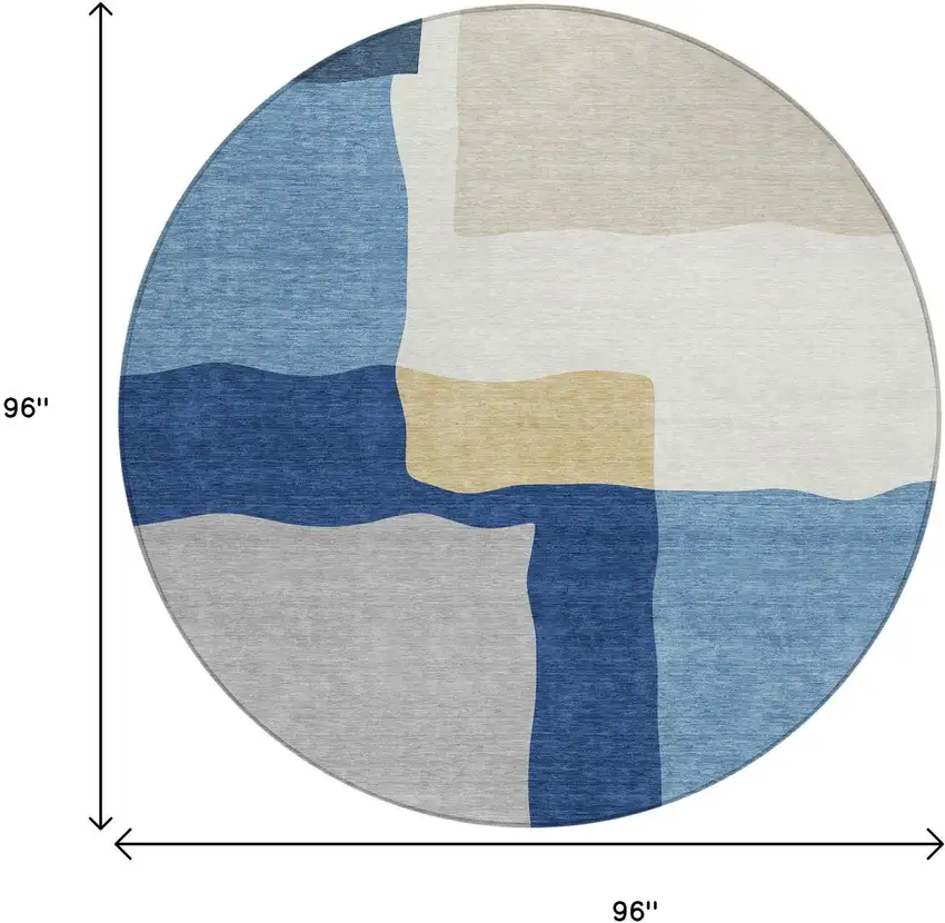 8' Blue Gold And Ivory Round Abstract Washable Indoor Outdoor Area Rug Photo 9