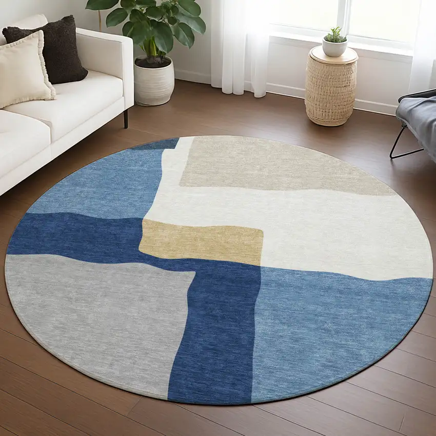 8' Blue Gold And Ivory Round Abstract Washable Indoor Outdoor Area Rug Photo 4