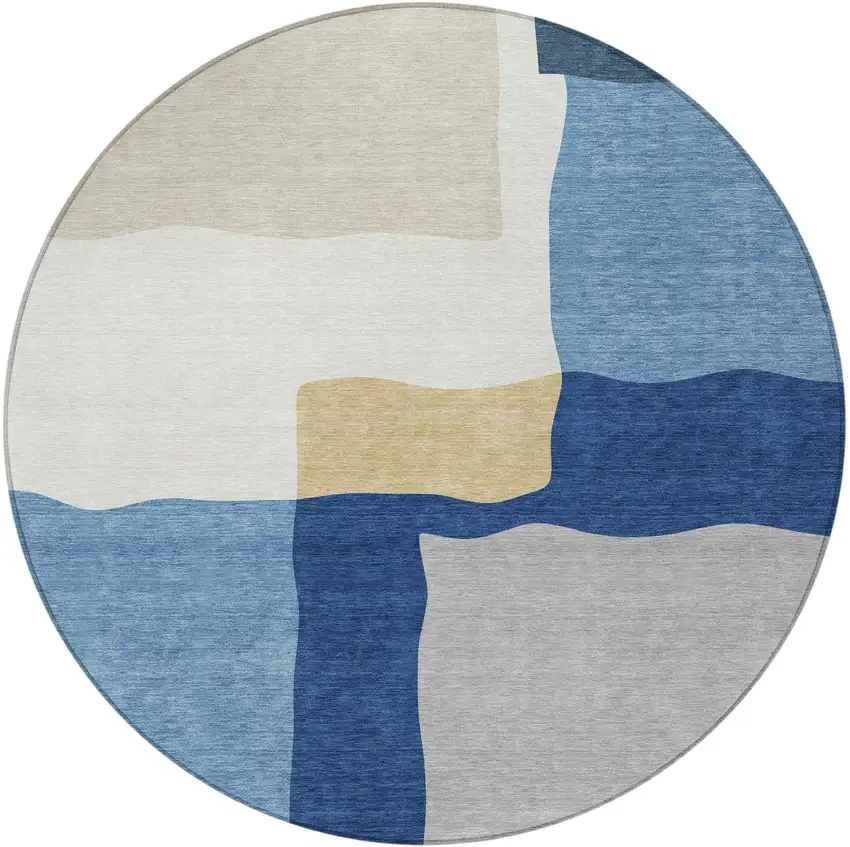 8' Blue Gold And Ivory Round Abstract Washable Indoor Outdoor Area Rug Photo 2