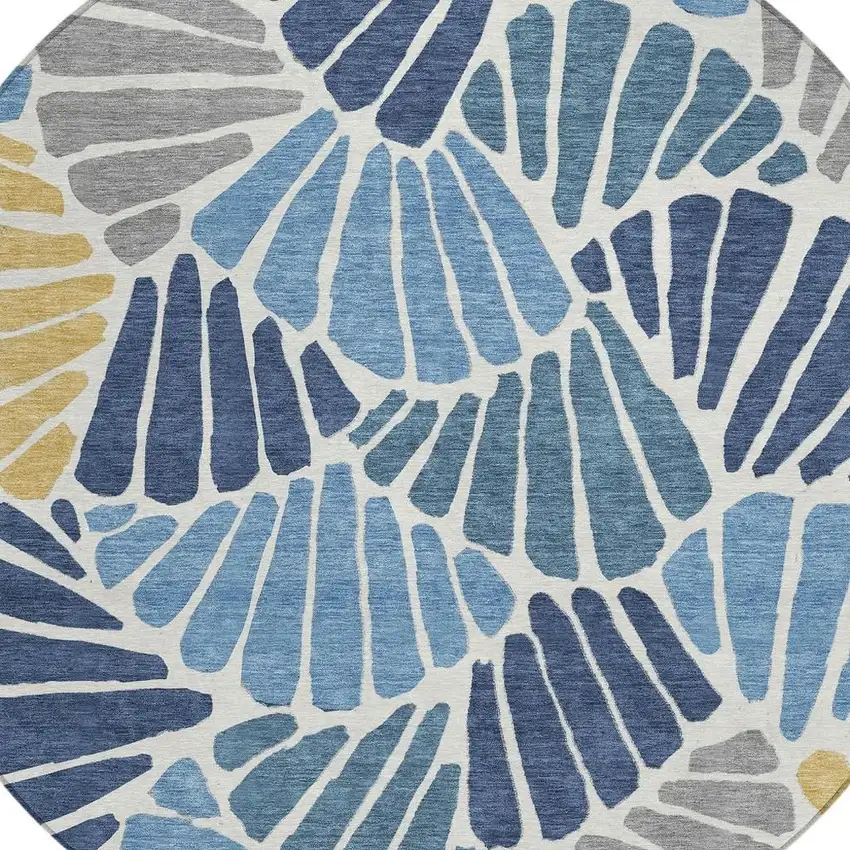 8' Blue Gold And Ivory Round Floral Washable Indoor Outdoor Area Rug Photo 2