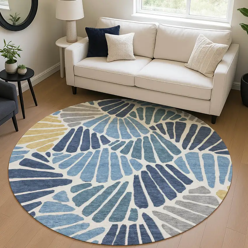 8' Blue Gold And Ivory Round Floral Washable Indoor Outdoor Area Rug Photo 5