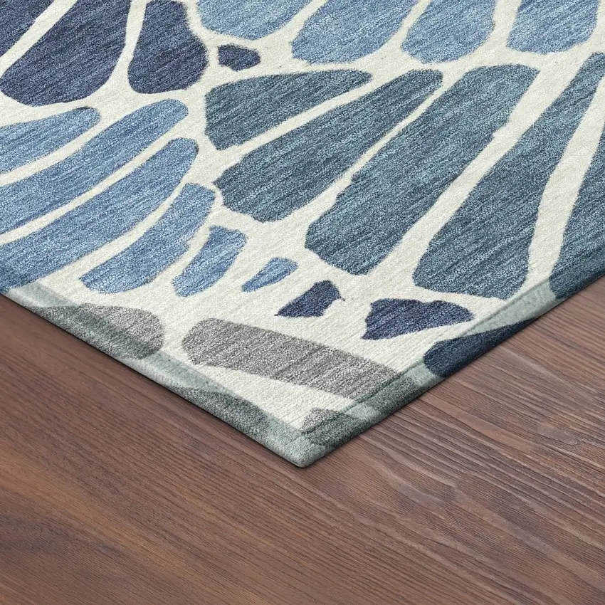 8' Blue Gold And Ivory Round Floral Washable Indoor Outdoor Area Rug Photo 8