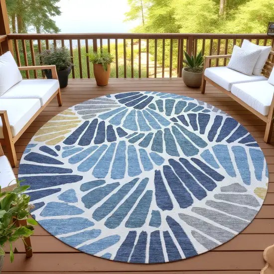 8' Blue Gold And Ivory Round Floral Washable Indoor Outdoor Area Rug Photo 4
