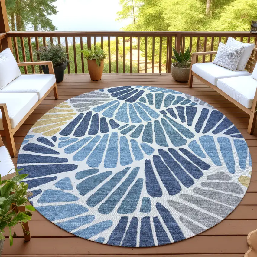 8' Blue Gold And Ivory Round Floral Washable Indoor Outdoor Area Rug Photo 4