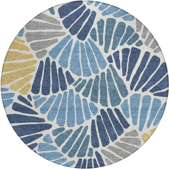 8' Blue Gold And Ivory Round Floral Washable Indoor Outdoor Area Rug Photo 1
