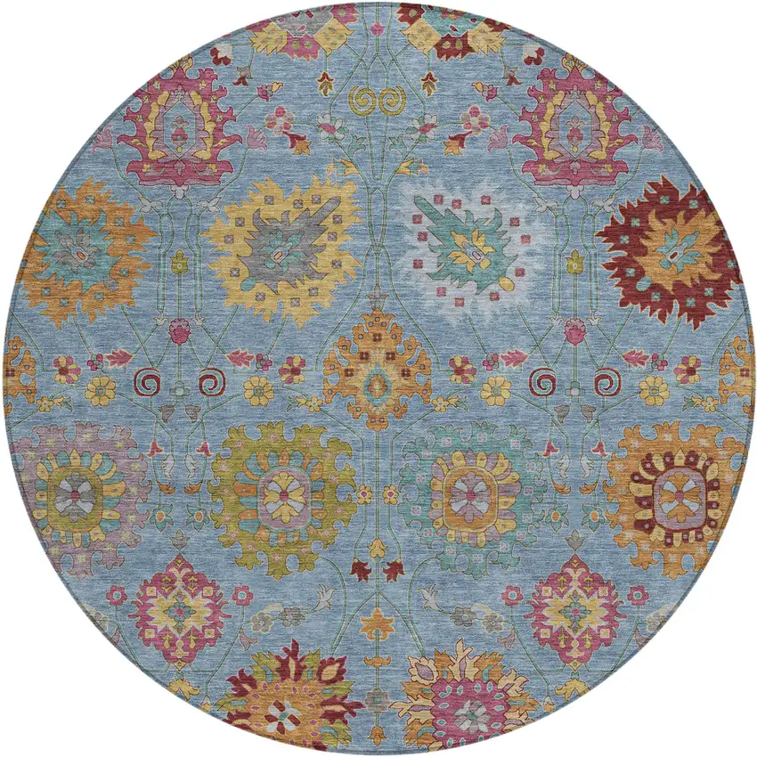 8' Blue Gold And Pink Round Damask Washable Indoor Outdoor Area Rug Photo 2