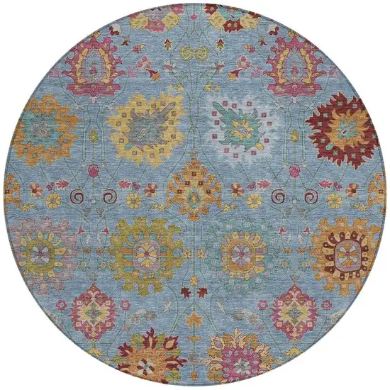 8' Blue Gold And Pink Round Damask Washable Indoor Outdoor Area Rug Photo 4