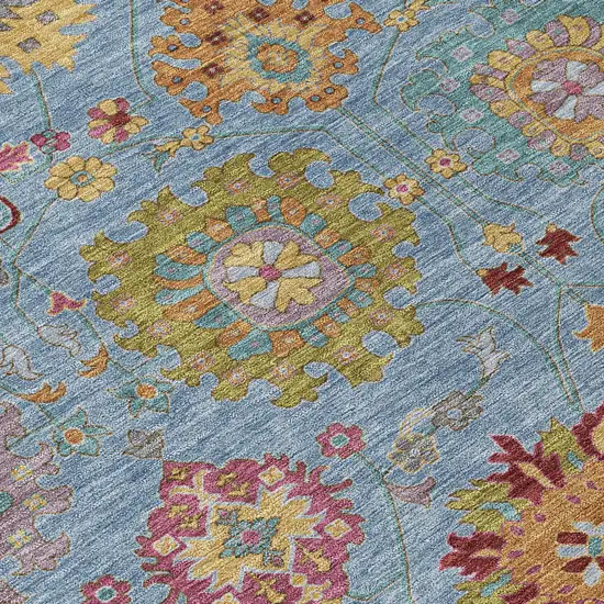 8' Blue Gold And Pink Round Damask Washable Indoor Outdoor Area Rug Photo 7