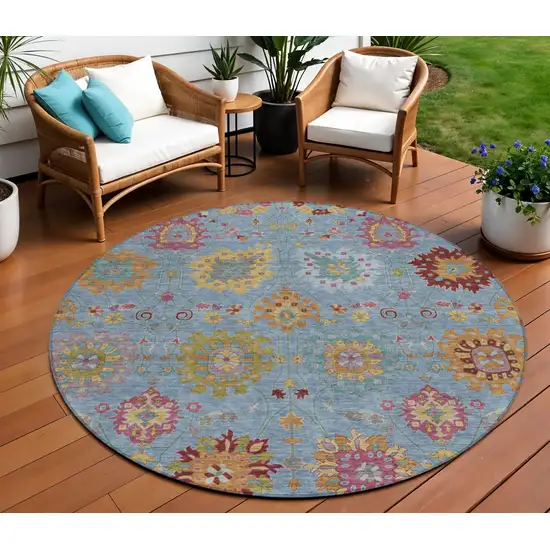 8' Blue Gold And Pink Round Damask Washable Indoor Outdoor Area Rug Photo 1