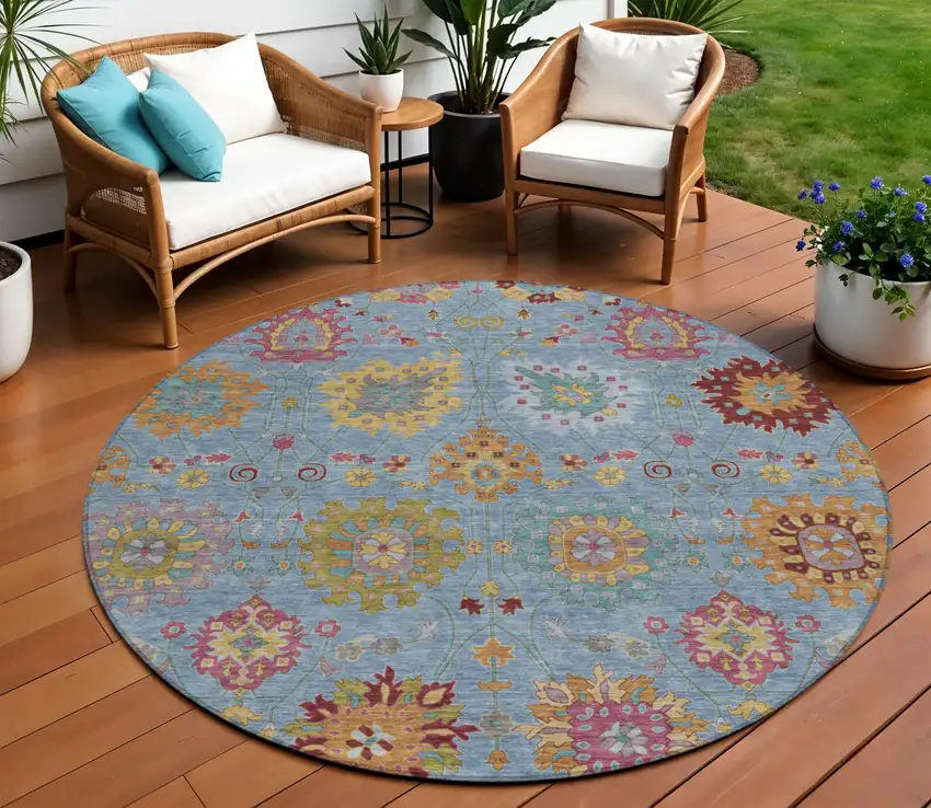 8' Blue Gold And Pink Round Damask Washable Indoor Outdoor Area Rug Photo 1