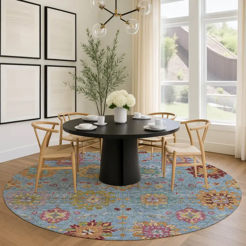8' Blue Gold And Pink Round Damask Washable Indoor Outdoor Area Rug Photo 9