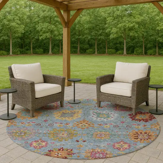 8' Blue Gold And Pink Round Damask Washable Indoor Outdoor Area Rug Photo 8