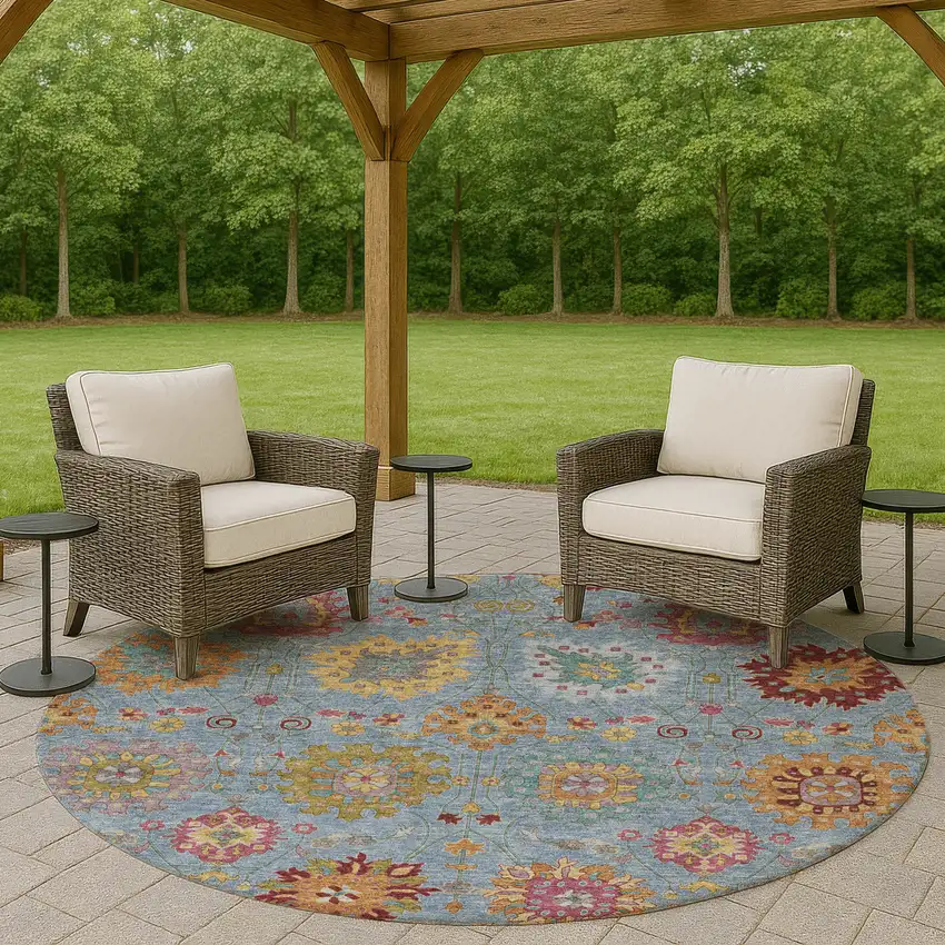 8' Blue Gold And Pink Round Damask Washable Indoor Outdoor Area Rug Photo 8