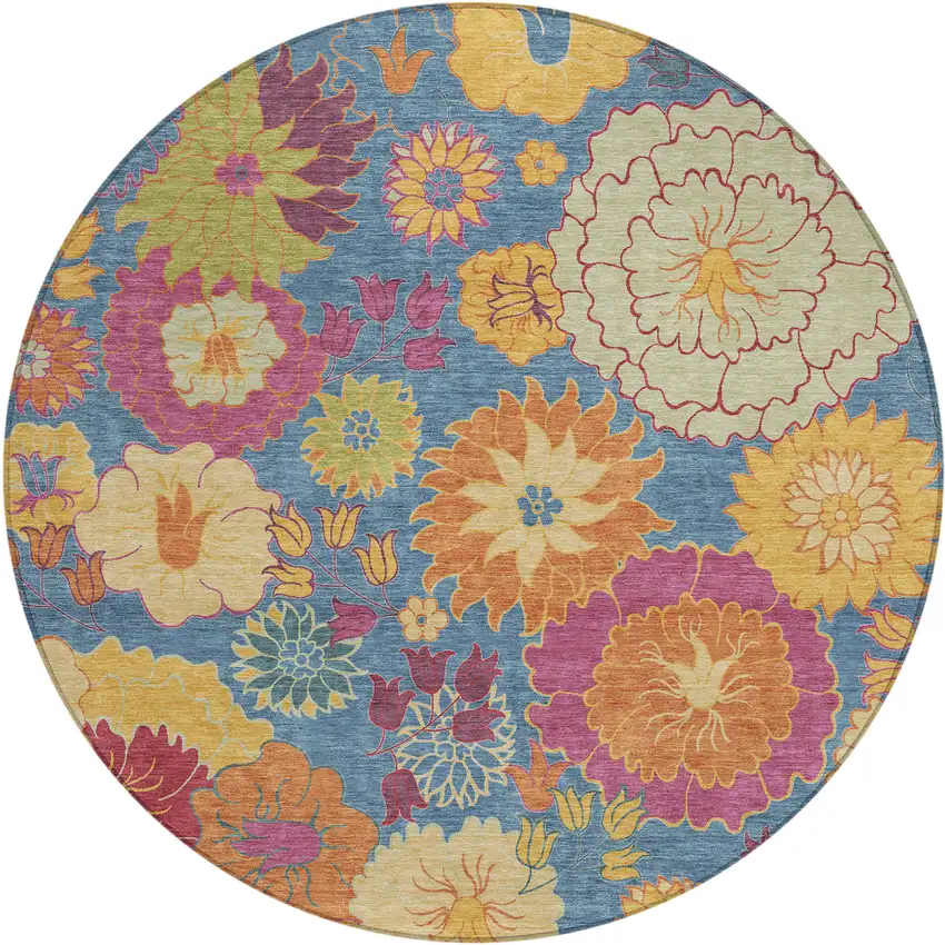8' Blue Gold And Pink Round Floral Washable Indoor Outdoor Area Rug Photo 2