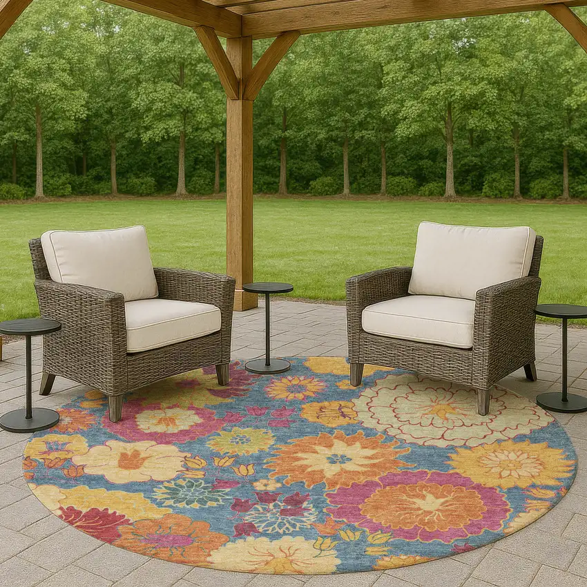 8' Blue Gold And Pink Round Floral Washable Indoor Outdoor Area Rug Photo 8