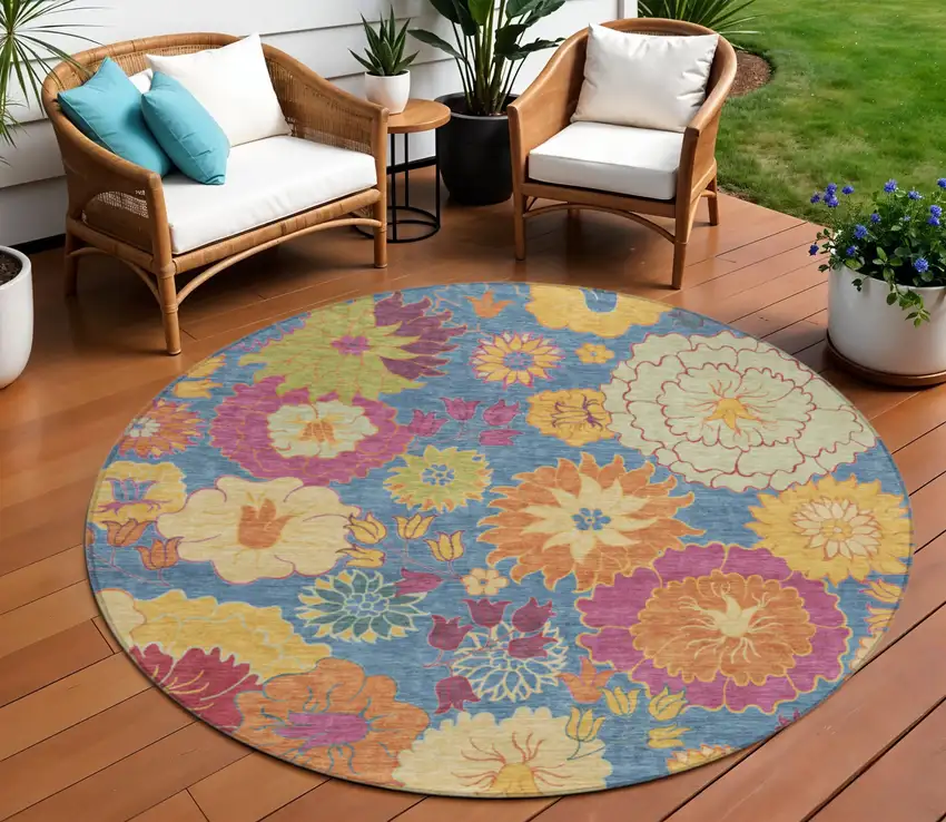 8' Blue Gold And Pink Round Floral Washable Indoor Outdoor Area Rug Photo 1