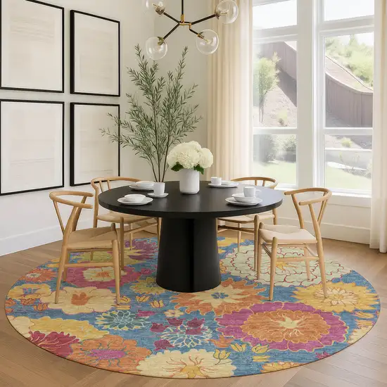 8' Blue Gold And Pink Round Floral Washable Indoor Outdoor Area Rug Photo 9