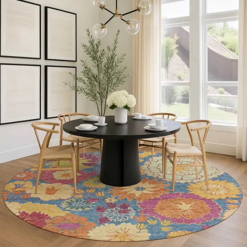 8' Blue Gold And Pink Round Floral Washable Indoor Outdoor Area Rug Photo 9