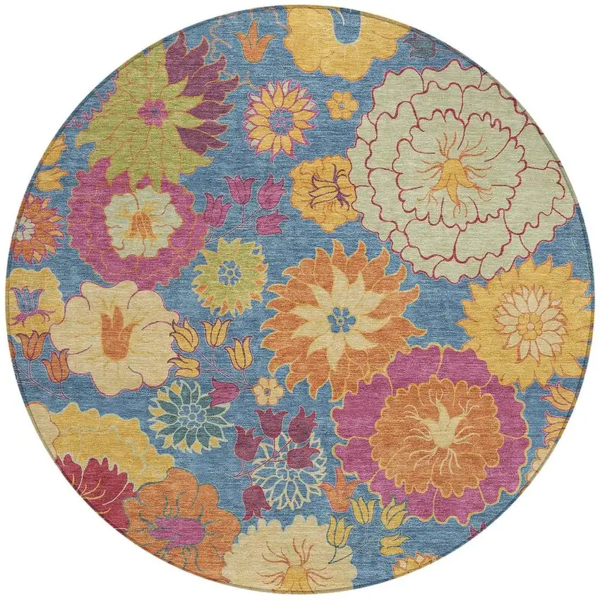 8' Blue Gold And Pink Round Floral Washable Indoor Outdoor Area Rug Photo 4