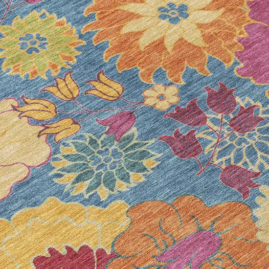 8' Blue Gold And Pink Round Floral Washable Indoor Outdoor Area Rug Photo 7