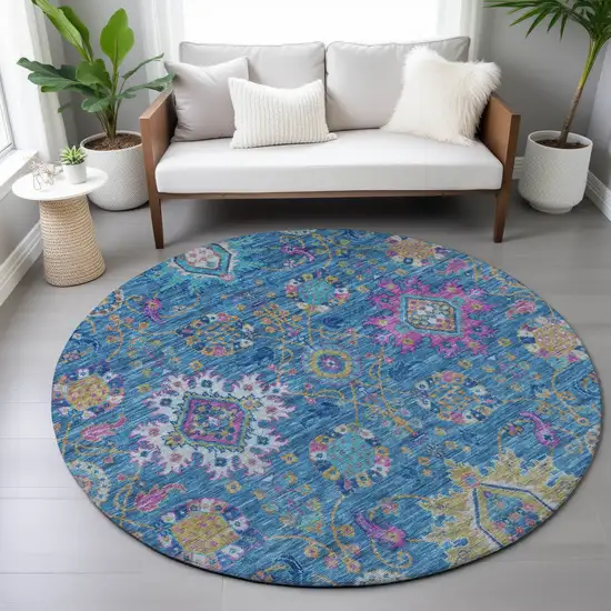 8' Blue Gold And Pink Round Medallion Washable Indoor Outdoor Area Rug Photo 8