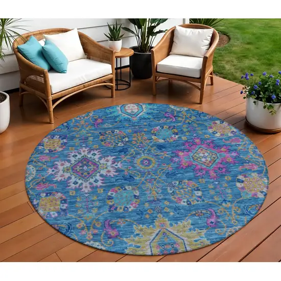 8' Blue Gold And Pink Round Medallion Washable Indoor Outdoor Area Rug Photo 2