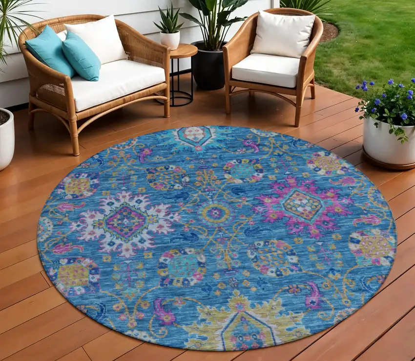 8' Blue Gold And Pink Round Medallion Washable Indoor Outdoor Area Rug Photo 2