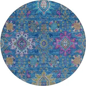 Photo of 8' Blue Gold And Pink Round Medallion Washable Indoor Outdoor Area Rug