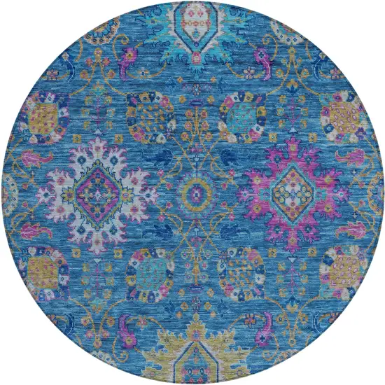 8' Blue Gold And Pink Round Medallion Washable Indoor Outdoor Area Rug Photo 1