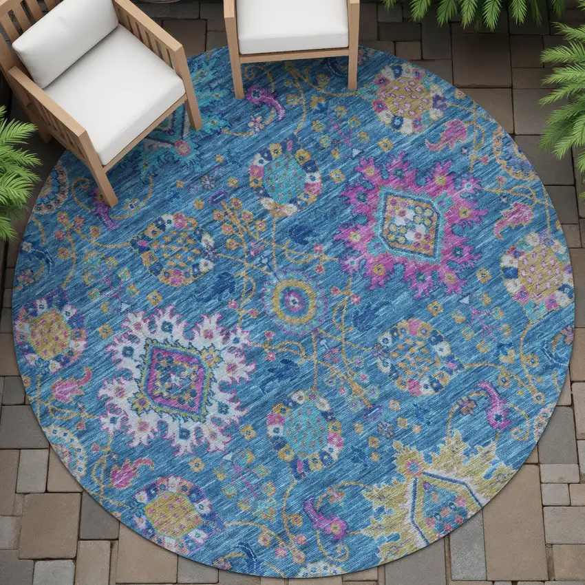 8' Blue Gold And Pink Round Medallion Washable Indoor Outdoor Area Rug Photo 7