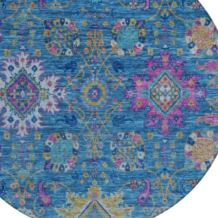 8' Blue Gold And Pink Round Medallion Washable Indoor Outdoor Area Rug Photo 5