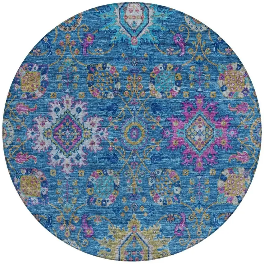 8' Blue Gold And Pink Round Medallion Washable Indoor Outdoor Area Rug Photo 3