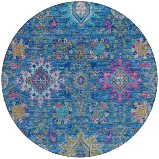 8' Blue Gold And Pink Round Medallion Washable Indoor Outdoor Area Rug Photo 3