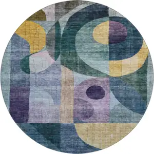 Photo of 8' Blue Gold And Purple Abstract Geometric Washable Round Rug With UV Protection