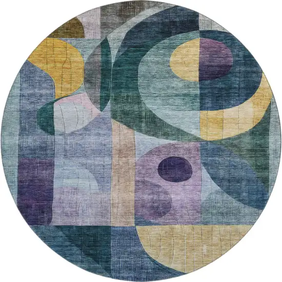 8' Blue Gold And Purple Abstract Geometric Washable Round Rug With UV Protection Photo 1